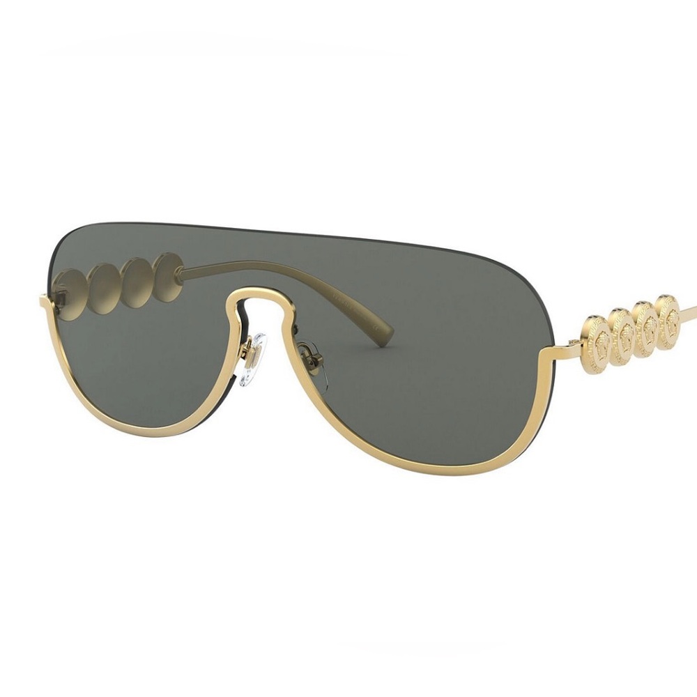 Versace never worn Medusa logo shield mirror sunglasses - unisex, grey/gold